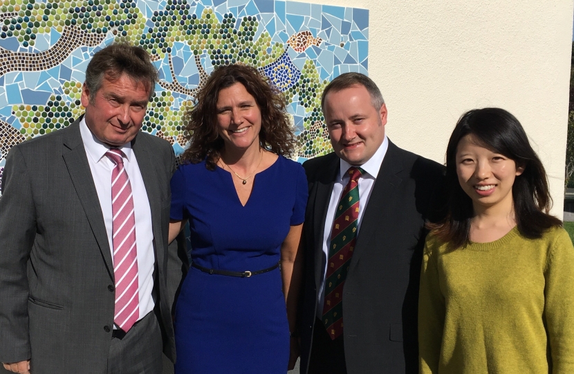 Clwyd West AM Darren Millar with Headteacher John MacLennan, Assistant Head Tabitha Sawyer, and Wang Yue, from Ysgol Pen y Bryn's sister school in China. 