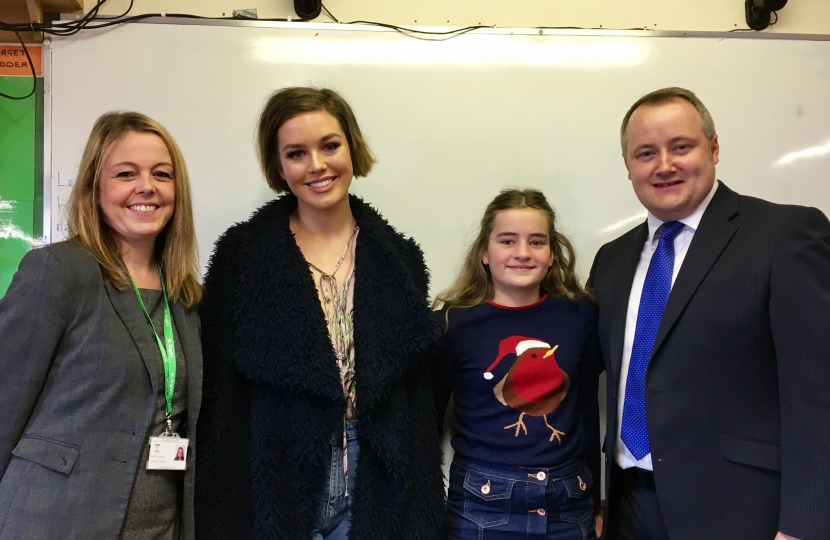 Clwyd West AM Darren Millar with Faye, Lucy and St Brigid's teacher, Mrs Newman.